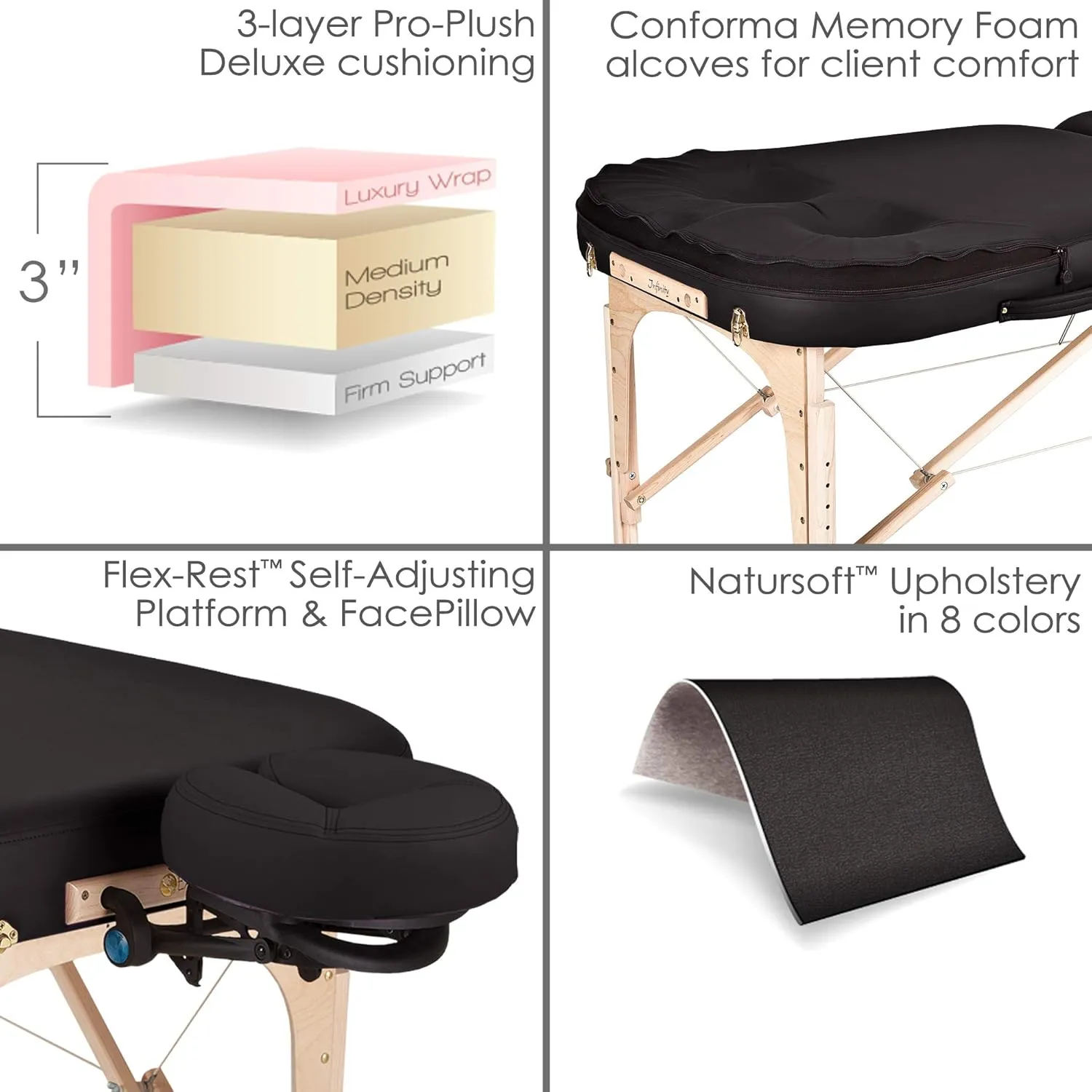 EARTHLITE Portable Massage Table INFINITY – Greater Client Access, Unique Shape, 3” Triple Density Foam, Flex-Rest Face Cradle, Carry Case (Full Reiki)