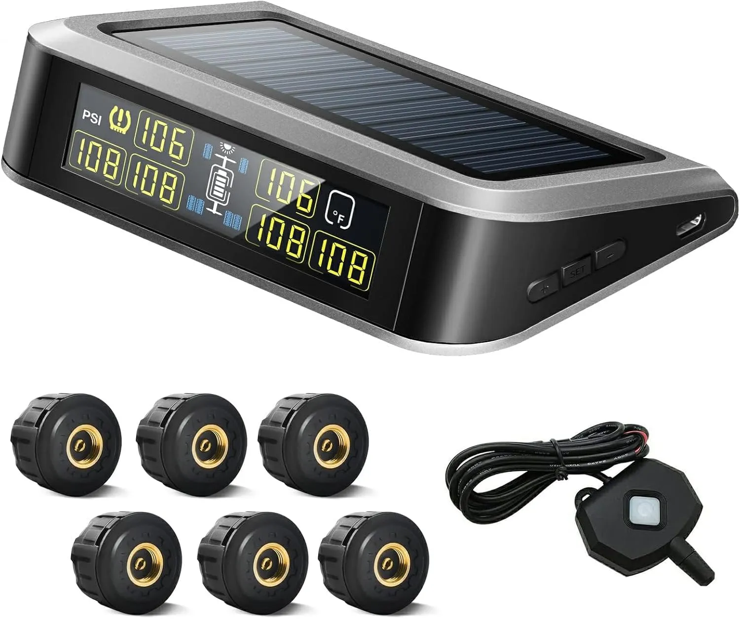 Easrsupe Tire Pressure Monitoring System, Equipped with Solar Charging Tpms System, 6 Sensors (0-199 PSI), 7 Alarm Modes, 1 Relay (98 Ft), Suitable SUV, RV, Trailer Tire Pressure Monitoring System