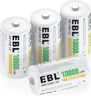 EBL D Cell Batteries 10,000mAh Ultra Pro Ni-MH Rechargeable D Batteries, 4-Pack