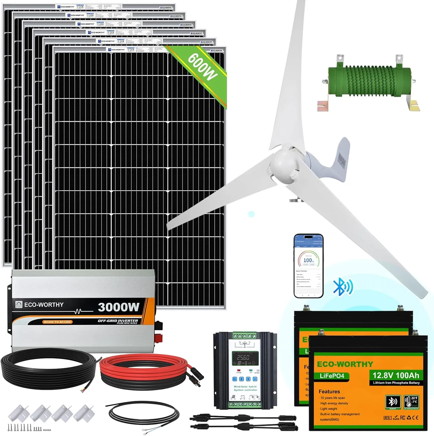 ECO-WORTHY 1000W 4KWH Solar Wind Power Kit: 400W Wind Turbine   6pcs 100W Solar Panel   2pcs 12V 100Ah Lithium Battery   24V 3000W Inverter for Home/RV/Boat/Farm/Street Light and Off-Grid Appliances