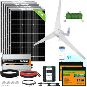 ECO-WORTHY 1000W 4KWH Solar Wind Power Kit: 400W Wind Turbine   6pcs 100W Solar Panel   2pcs 12V 100Ah Lithium Battery   24V 3000W Inverter for Home/RV/Boat/Farm/Street Light and Off-Grid Appliances
