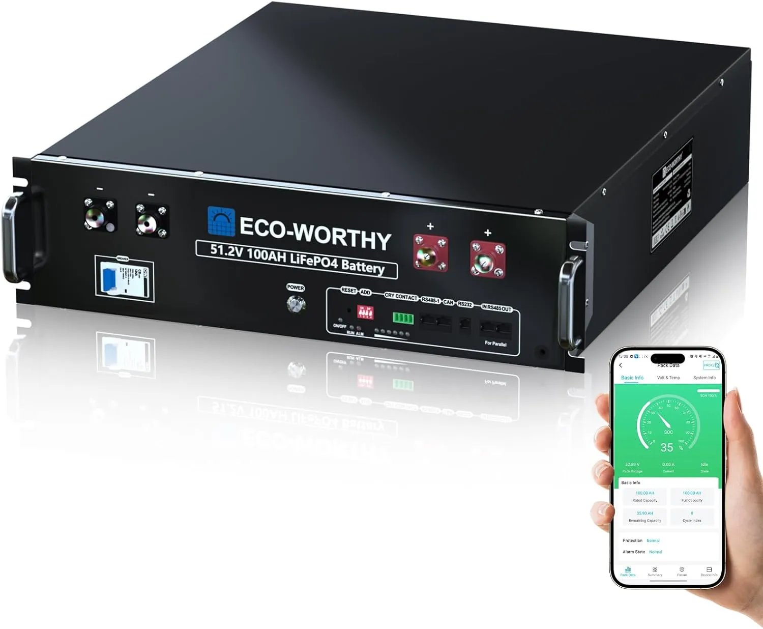 ECO-WORTHY 48V 100Ah LiFePO4 Lithium Battery, 5.12kWh Capacity, Server Rack Battery with Bluetooth, 6000 Cycles, 3U Chassis, Perfect for Off-Grid, Solar, Backup Power