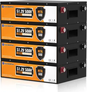 ECO-WORTHY 48V 200Ah (4Pack 48V 50AH) LiFePO4 Solar Batteries, Metal Case Lithium Battery, Built-in BMS, for Solar Off Grid System, Golf Cart, Lawn Mower, RV, Trolling Motor