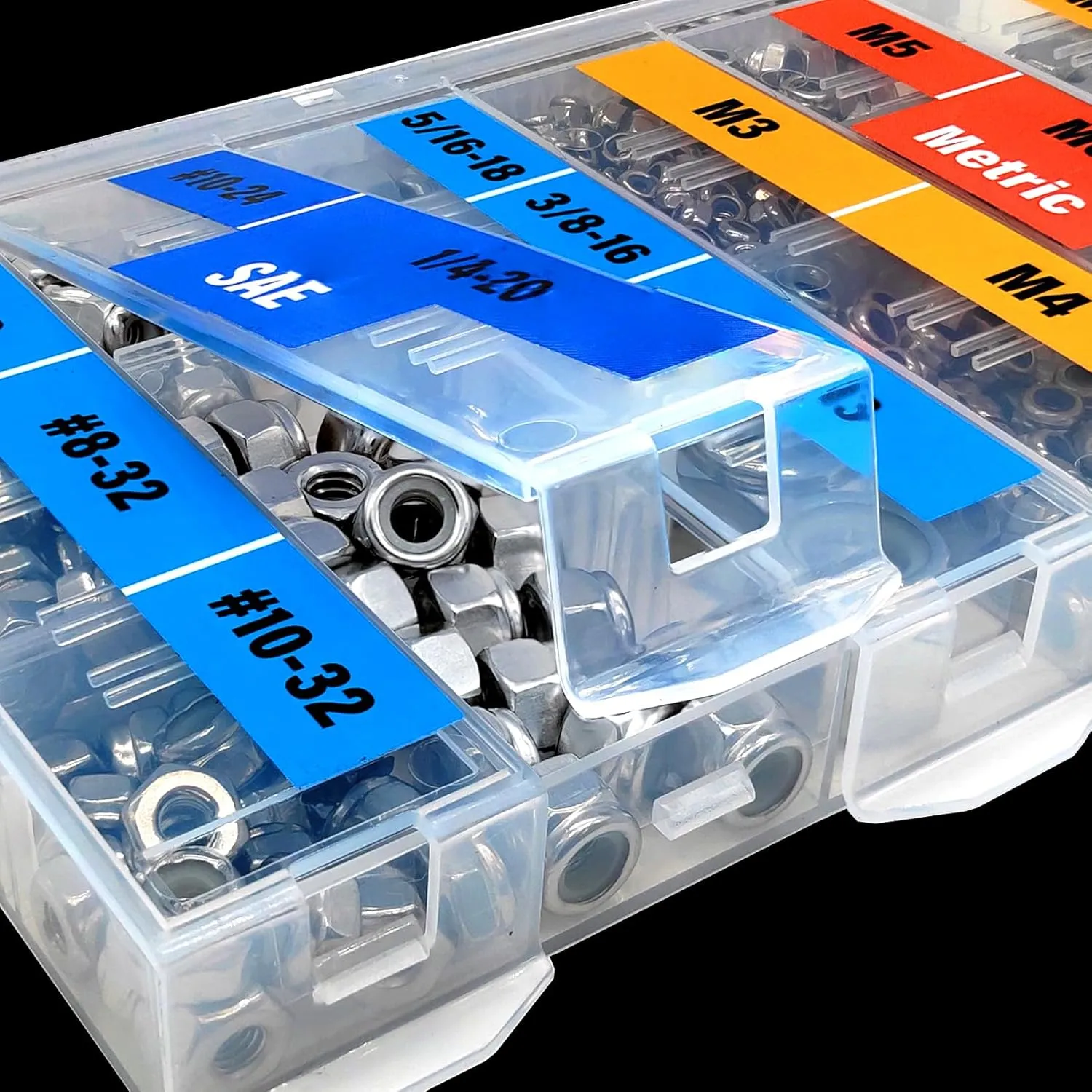 EEEEE Lock Nuts Assortment 444 pcs Stainless Steel 304 Metric locknut M3 M4 M5 M6 M8 M10 M12#6#8#10 1/4 5/16 3/8 1/2 Nylon Insert Hardware nut Lock Metric nylock nut Secure nut Steel