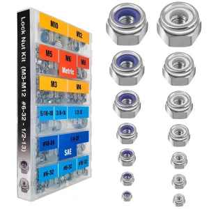 EEEEE Lock Nuts Assortment 444 pcs Stainless Steel 304 Metric locknut M3 M4 M5 M6 M8 M10 M12#6#8#10 1/4 5/16 3/8 1/2 Nylon Insert Hardware nut Lock Metric nylock nut Secure nut Steel