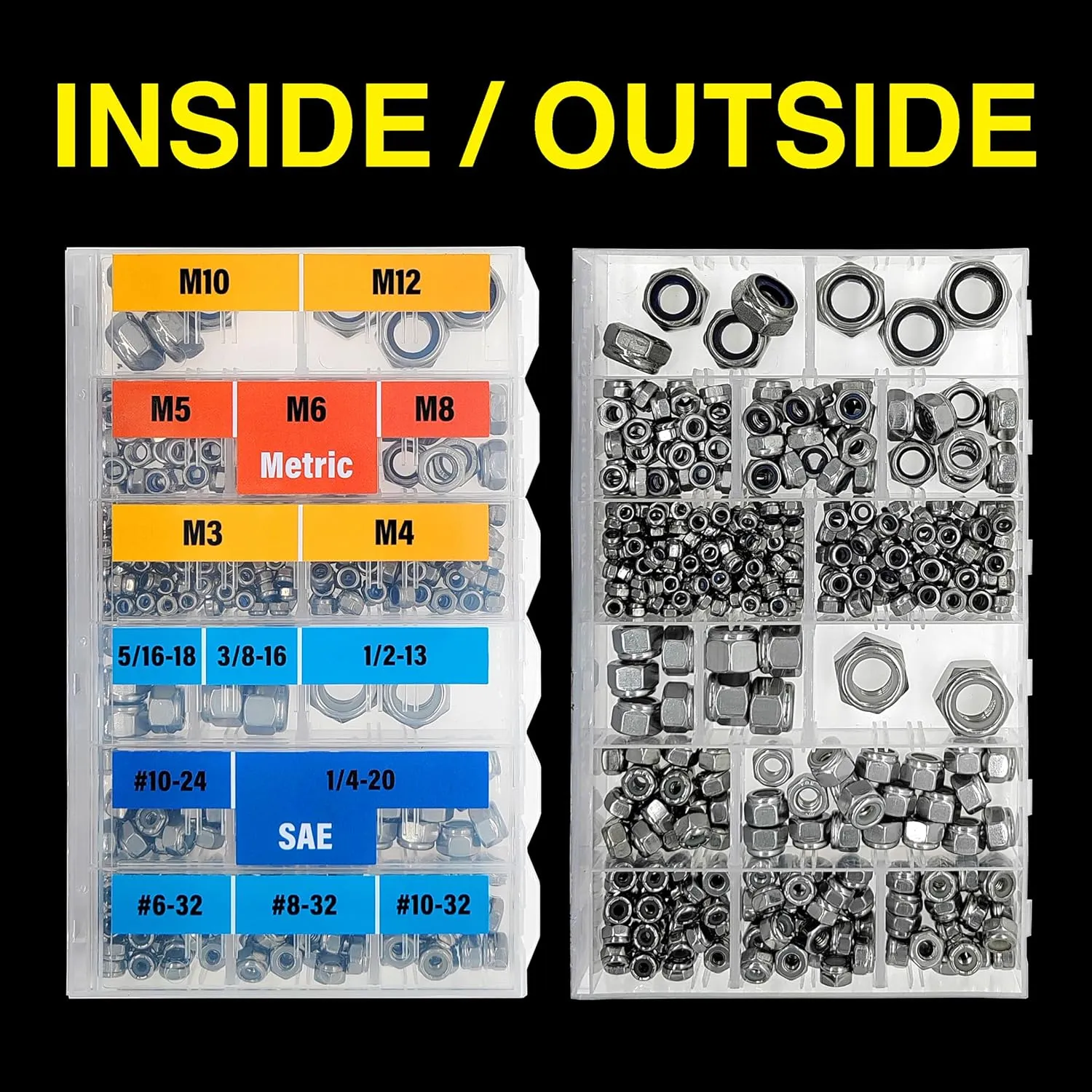 EEEEE Lock Nuts Assortment 444 pcs Stainless Steel 304 Metric locknut M3 M4 M5 M6 M8 M10 M12#6#8#10 1/4 5/16 3/8 1/2 Nylon Insert Hardware nut Lock Metric nylock nut Secure nut Steel