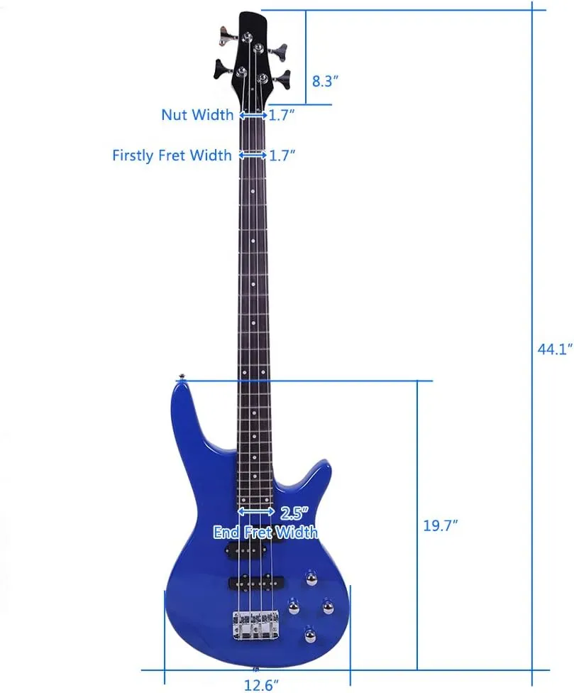 Electric Bass Guitar Full Size 4 String Exquisite Stylish Bass with Power Line and Wrench Tool (Blue)