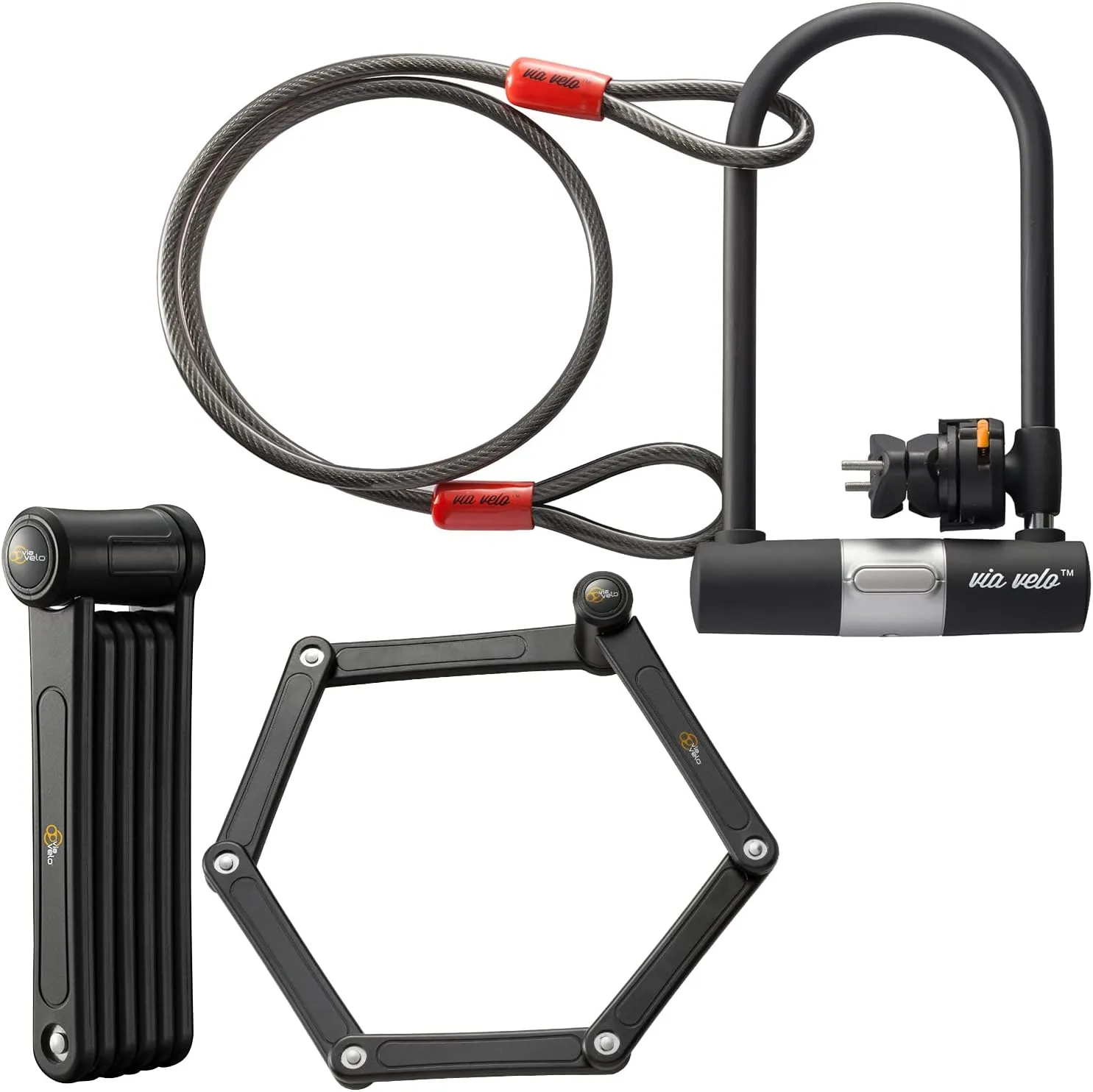 Electric Bike Bike Lock Set Triple Protection Via Velo 2022 New Heavy-Duty Hard Steel | 33.5”Folding Lock | 11" Bicycle U Lock | 6FT Cable | for Electric Bike Fat Tire Scooter Folding Bike Adult