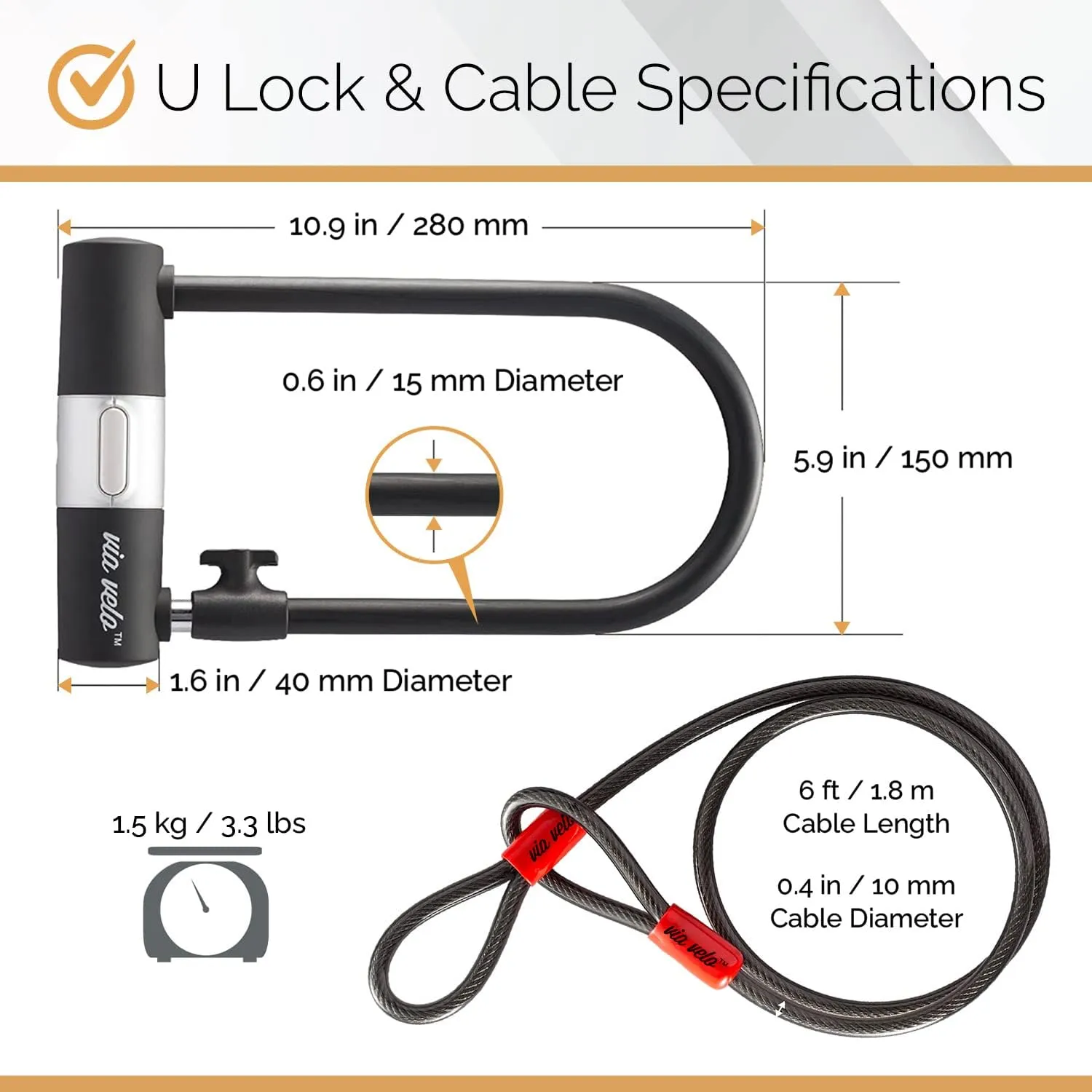 Electric Bike Bike Lock Set Triple Protection Via Velo 2022 New Heavy-Duty Hard Steel | 33.5”Folding Lock | 11" Bicycle U Lock | 6FT Cable | for Electric Bike Fat Tire Scooter Folding Bike Adult