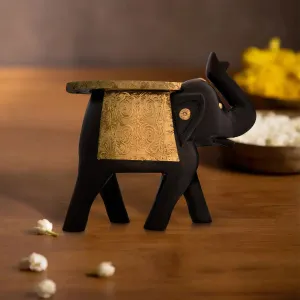 Elephant Statue - 6 x 8 Inches | Wooden Sculpture/ Brass Inlaid Design Elephant Idol for Home Decor