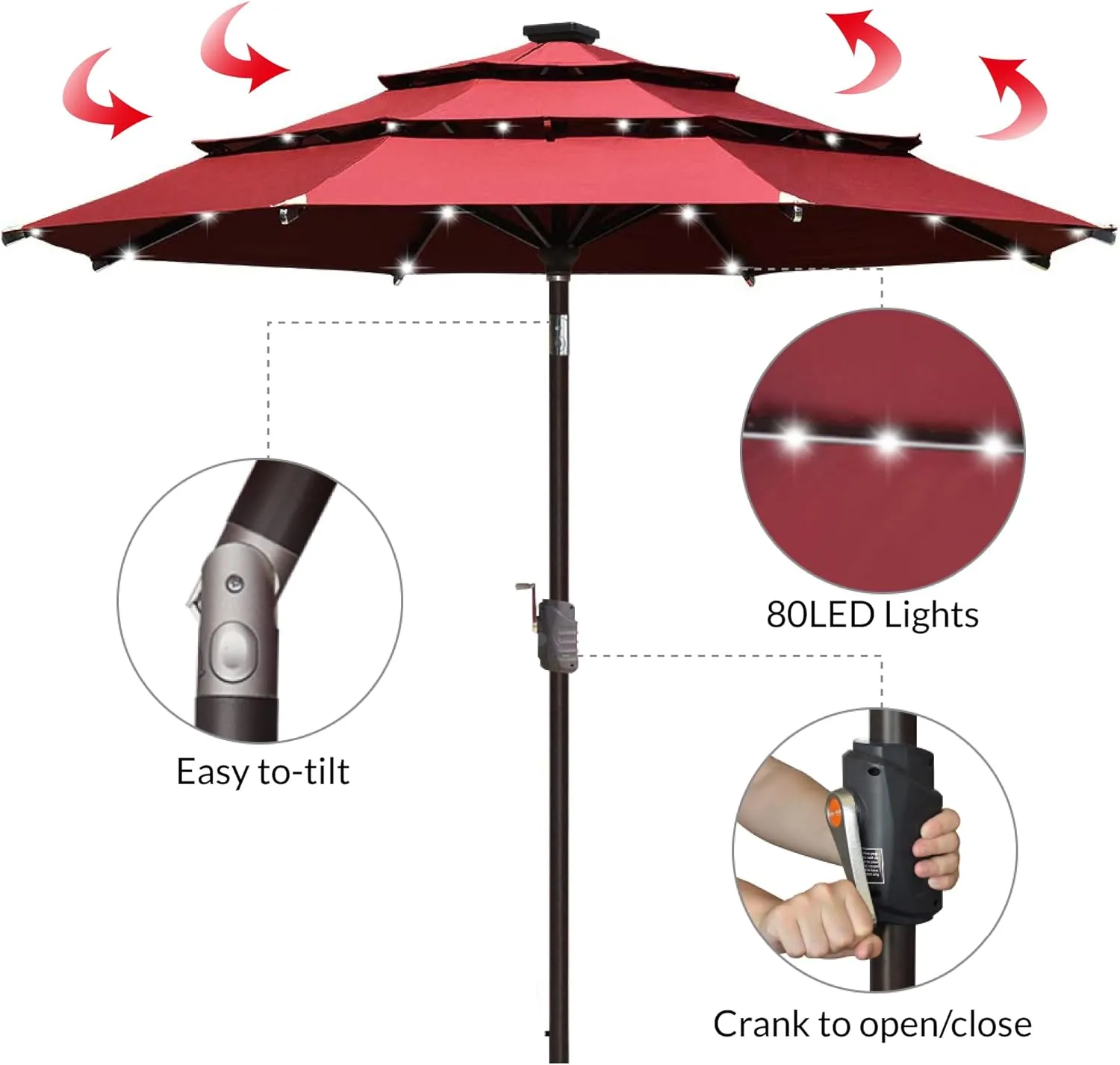 EliteShade USA 10-Year-Non-Fading Solar 9ft 3 Tiers Market Umbrella with 80 LED Lights Patio Umbrellas Outdoor Table with Ventilation,Burgundy