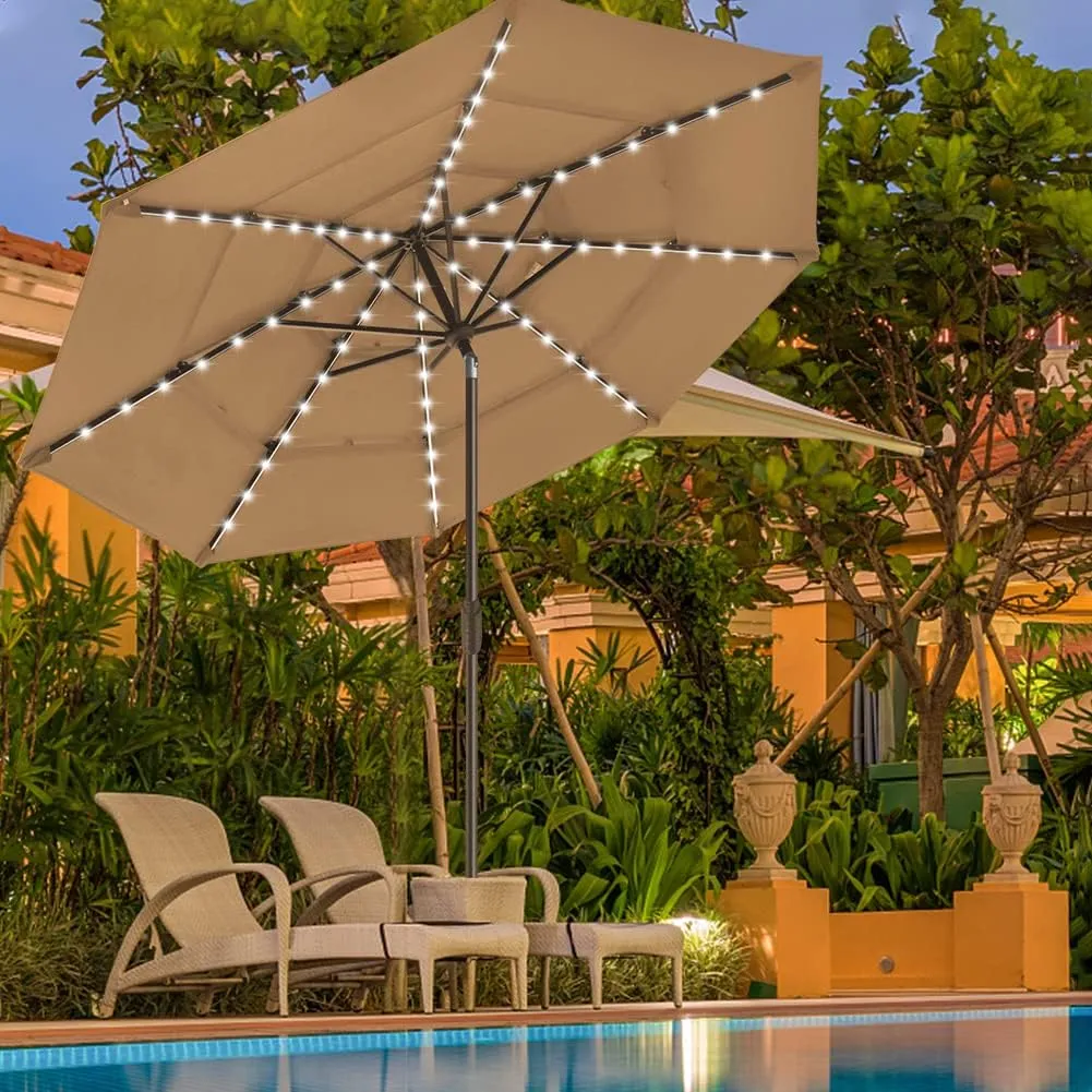 EliteShade USA 10-Year-Non-Fading Solar 9ft 3 Tiers Market Umbrella with 80 LED Lights Patio Umbrellas Outdoor Table with Ventilation,Heather Beige