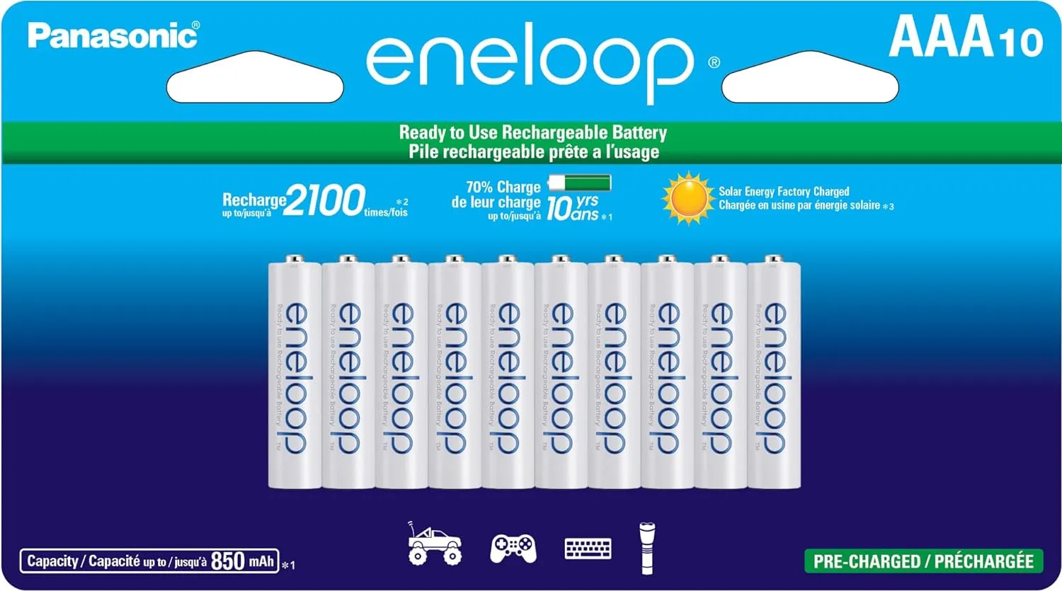 Eneloop Panasonic BK-4MCCA10FA AAA 2100 Cycle Ni-MH Pre-Charged Rechargeable Batteries, 10-Battery Pack