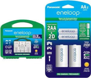 Eneloop Panasonic K-KJ17MC124A Super Power Pack 12AA, 4AAA, 2 C Adapters, 2 D Adapter & Panasonic K-KJS1MCA2BA D Size Battery Adapters AA 2100 Cycle Ni- MH Pre-Charged