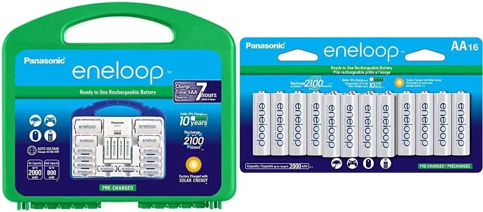 Eneloop Panasonic K-KJ17MC124A Super Power Pack 12AA, 4AAA, 2 C Adapters, 2 D Adapters & BK-3MCCA16FA AA 2100 Cycle Ni-MH Pre-Charged Rechargeable Batteries