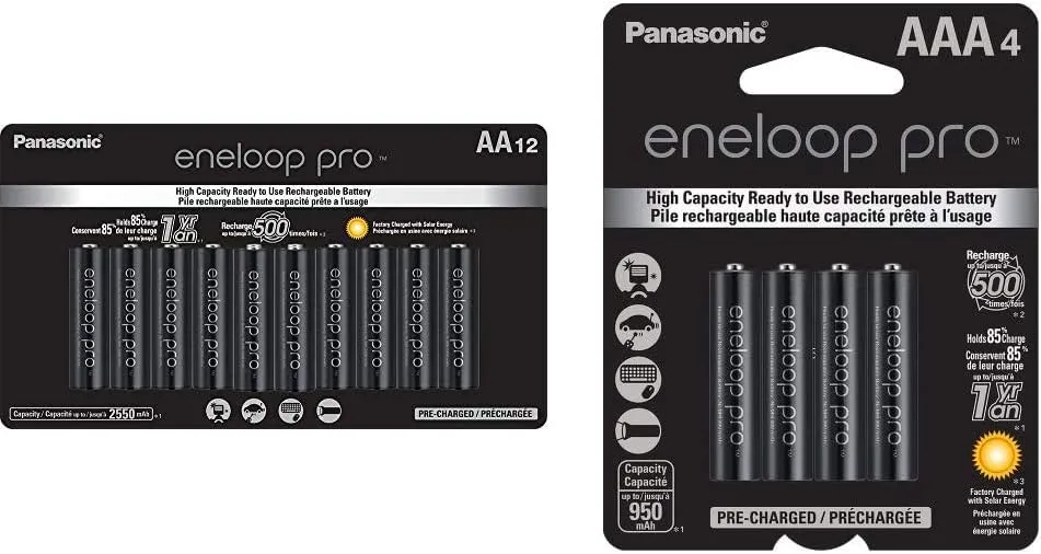 Eneloop Panasonic Pro Ni-MH AA Batteries BK-3HCCA12FA 12pk & Ni-MH AAA Batteries BK-4HCCA4BA 1.2V 4pk Rechargeable