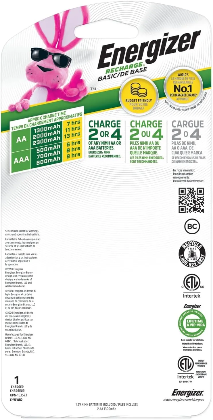 Energizer Recharge, Basic Charger for Rechargeable Batteries, 1 Count