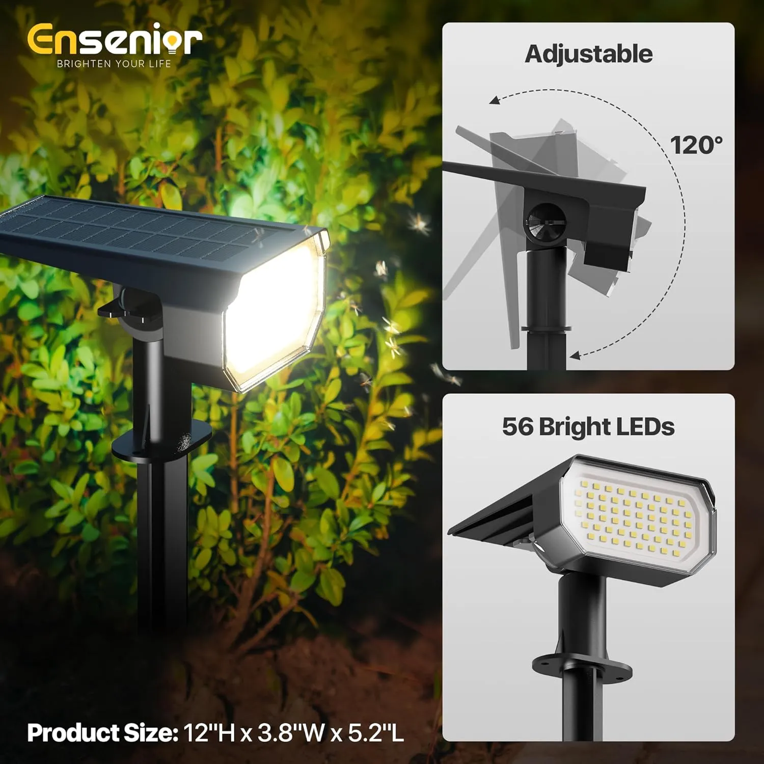 Ensenior Solar Spotlights Outdoor, Brightness Adjustable 3000K LED Solar Garden Lights, 56 LEDs Solar Powered Landscape Lights, Auto ON/Off, Waterproof, for Yard/Garden/Pathway - 4 Pack