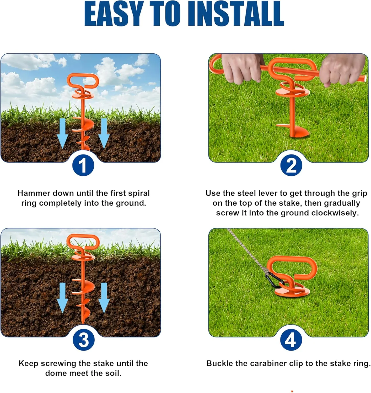 Eurmax USA Dog Tie Out Stake Triple Lock Heavy Duty Dog Anchor for Large Dogs Trampoline Stakes Dog for Yard and Outdoor Dog Runner Install & Travel Kit Included,2-Pack(Orange)