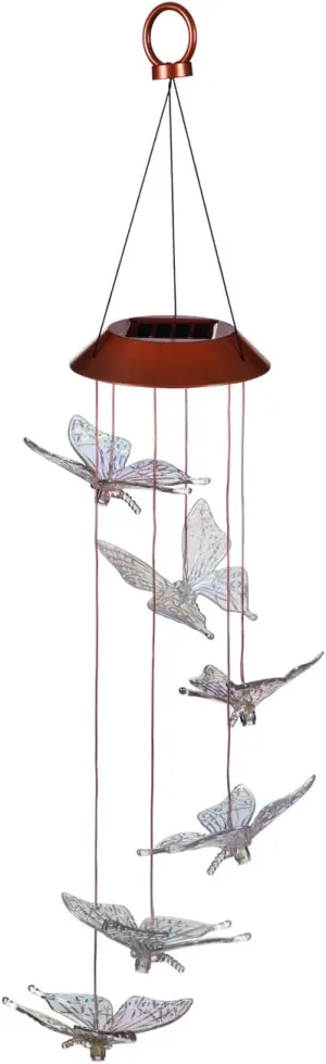 Evergreen Garden Beautiful Summer Colorful Iridescent Butterfly Solar Hanging Mobile - 5 x 5 x 26 Inches Fade and Weather Resistant Outdoor Decoration for Homes, Yards and Gardens