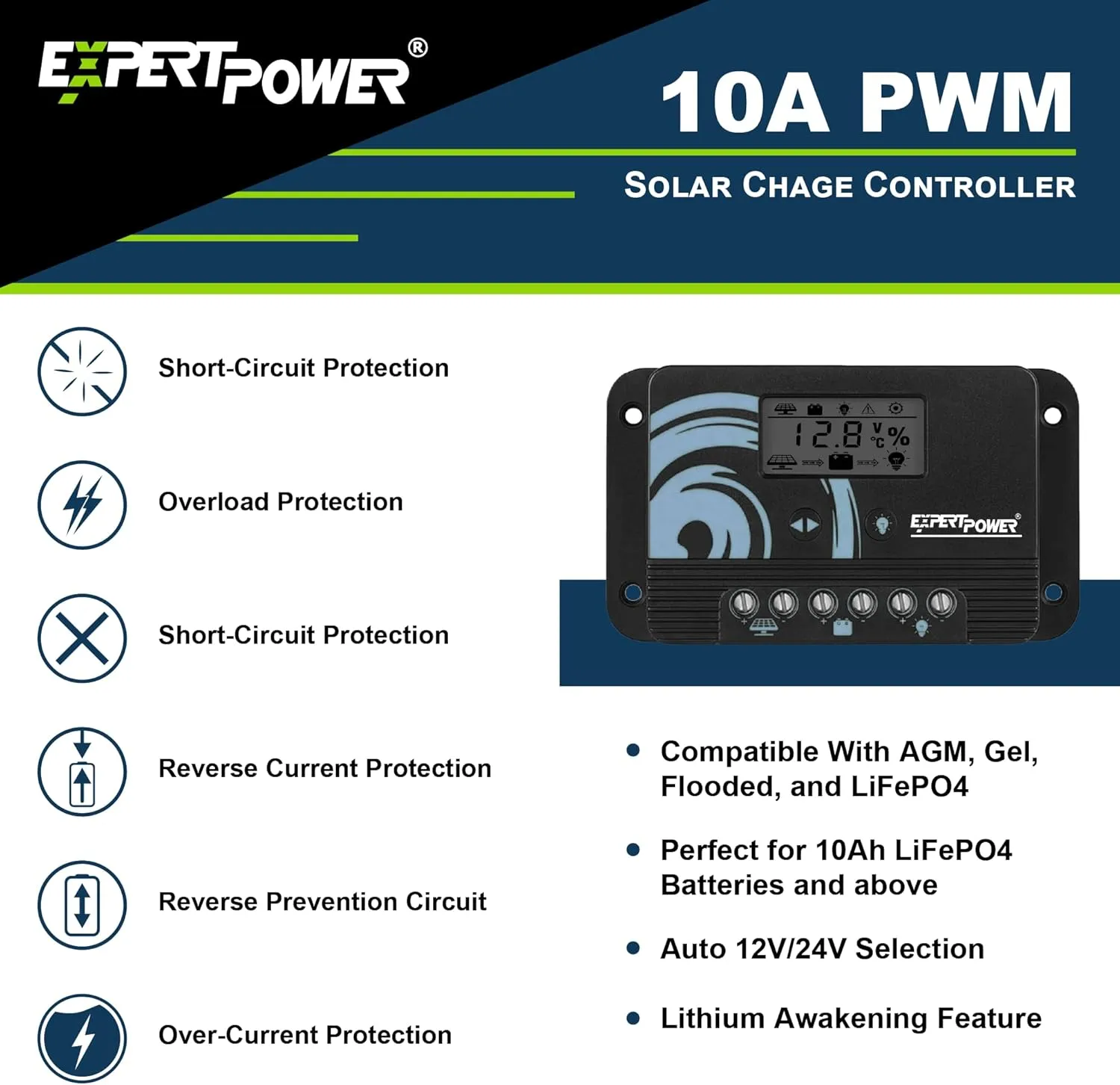 ExpertPower 100W 12V Solar Power Kit for LiFePO4 Lithium Battery | 100W Flexible Solar Panel, 10A PWM Solar Charge Controller | RV, Trailer, Camper, Marine, Off Grid, Solar Projects