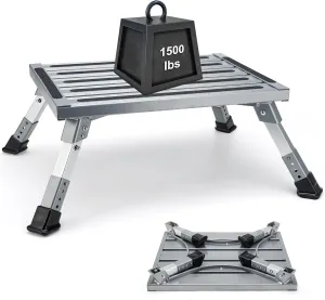 Extra Large RV Step Stool, 19" x 14.5" RV Step, Aluminum RV Step 4-Level Height Adjustable, Camper Foldable Step Supports Up to 1500 lbs with Non-Slip Strip for Travel Trailer.