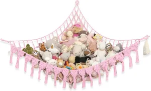 Extra Large Stuffed Animal Storage Hammock Corner with LED Lights – 25LB Capacity Hanging Toy Net for Small or Large Plushies, Boho Macrame Squishmallow, Plush Net, Pink