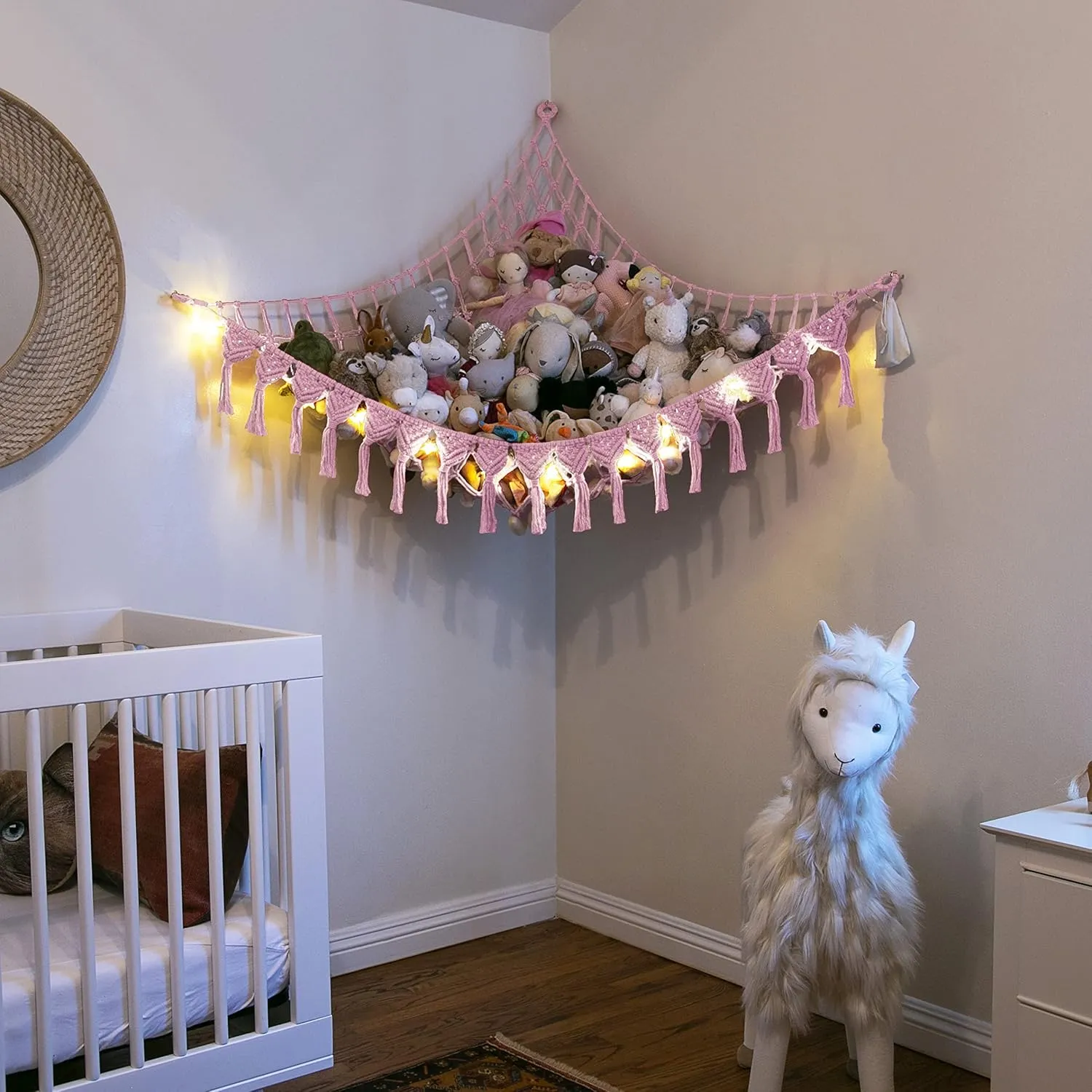 Extra Large Stuffed Animal Storage Hammock Corner with LED Lights – 25LB Capacity Hanging Toy Net for Small or Large Plushies, Boho Macrame Squishmallow, Plush Net, Pink