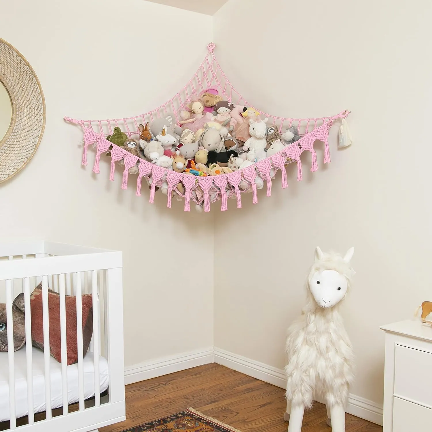 Extra Large Stuffed Animal Storage Hammock Corner with LED Lights – 25LB Capacity Hanging Toy Net for Small or Large Plushies, Boho Macrame Squishmallow, Plush Net, Pink