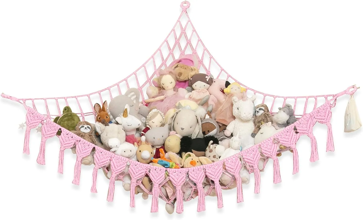 Extra Large Stuffed Animal Storage Hammock Corner with LED Lights – 25LB Capacity Hanging Toy Net for Small or Large Plushies, Boho Macrame Squishmallow, Plush Net, Pink