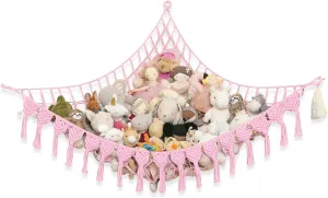 Extra Large Stuffed Animal Storage Hammock Corner with LED Lights – 25LB Capacity Hanging Toy Net for Small or Large Plushies, Boho Macrame Squishmallow, Plush Net, Pink