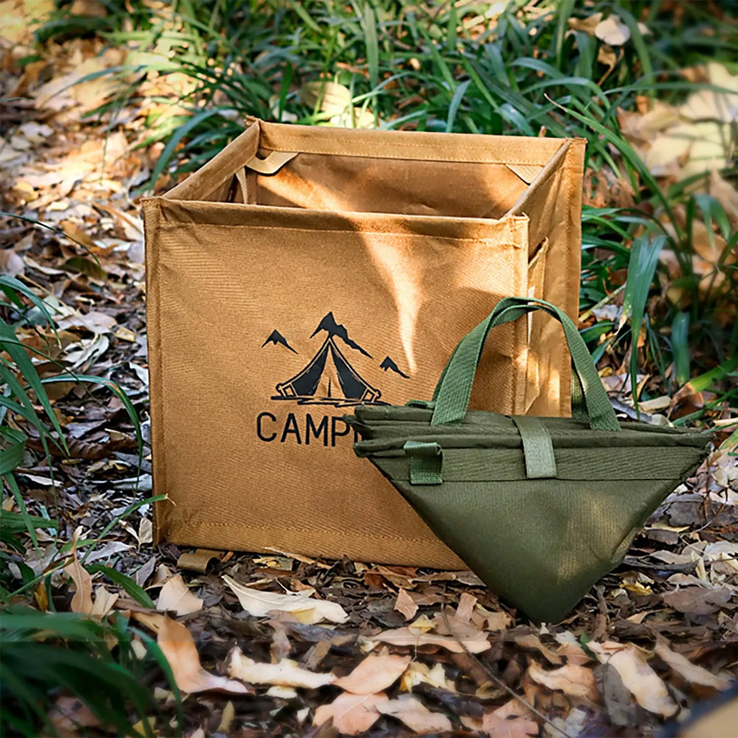 Family Size Camping Collapsible Trash Can foldable, Firewood Bag, Yard, Garden, Lawn & Leaf Waste Bag, Recycle Bin, Camp Storage Bag, 600D Oxford Fabric Waterproof Heavy Duty Bag (Green, Medium)
