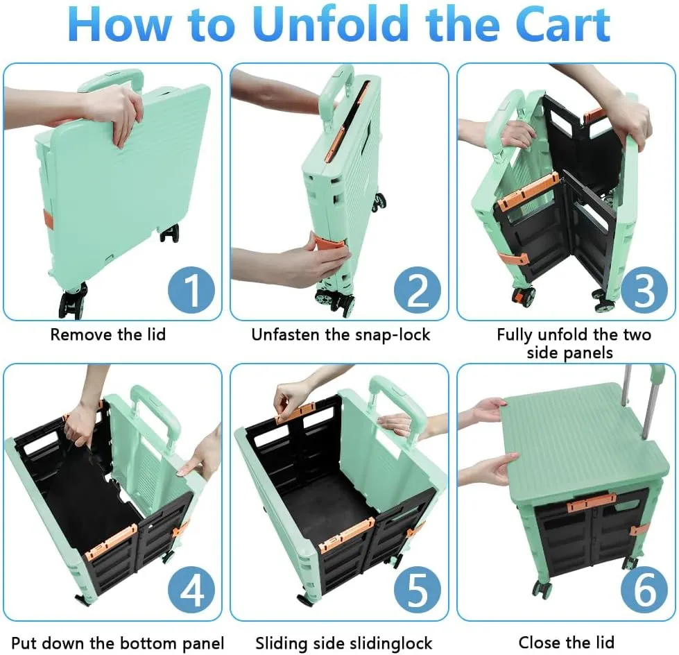 FELICON SELORSS Foldable Utility Cart Folding Portable Rolling Crate Handcart with Durable Heavy Duty Plastic Telescoping Handle Collapsible 4 Rotate Wheels for Travel Shop Move Luggage Office(Green