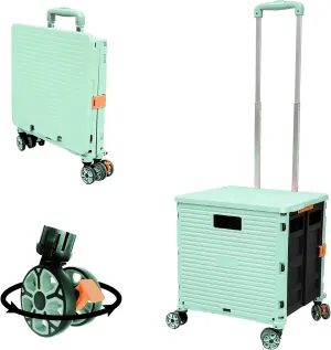 FELICON SELORSS Foldable Utility Cart Folding Portable Rolling Crate Handcart with Durable Heavy Duty Plastic Telescoping Handle Collapsible 4 Rotate Wheels for Travel Shop Move Luggage Office(Green