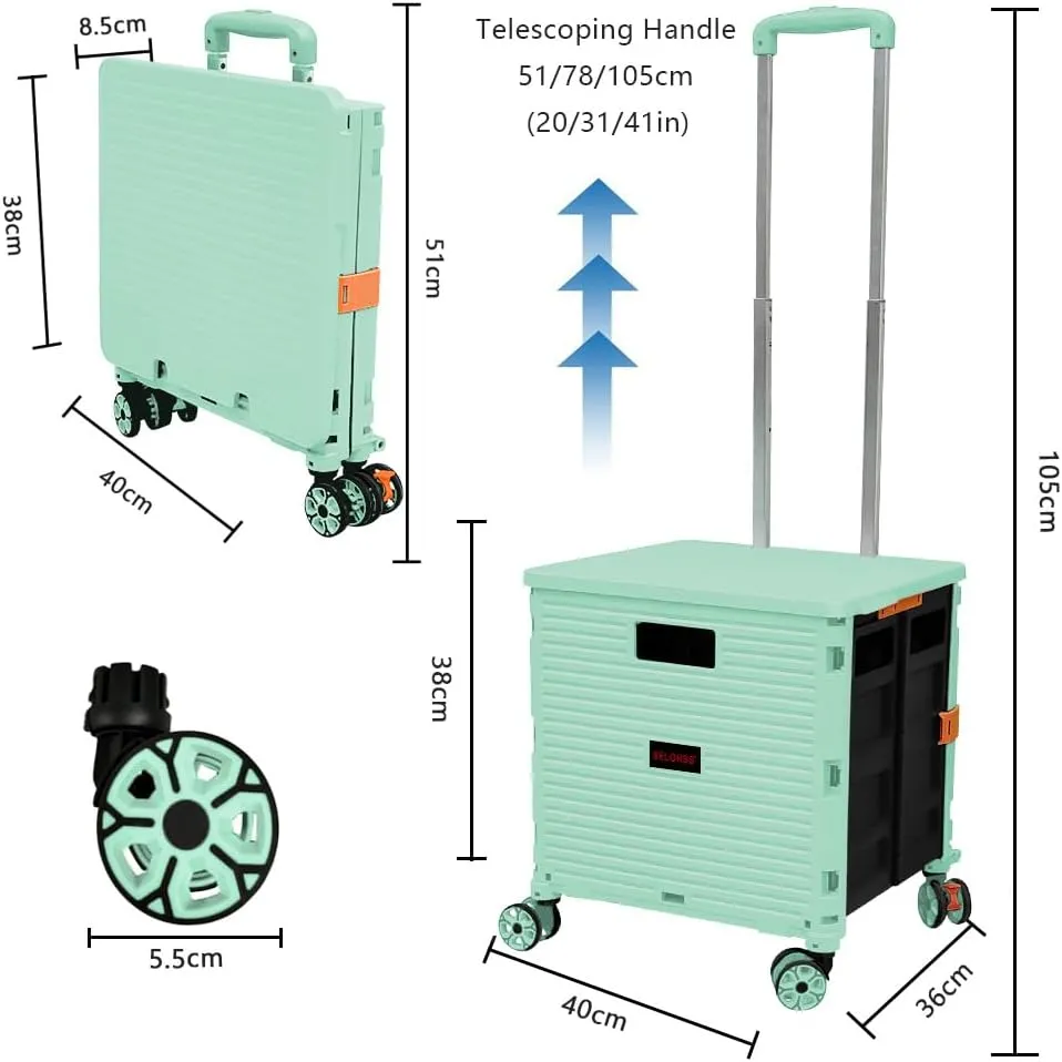 FELICON SELORSS Foldable Utility Cart Folding Portable Rolling Crate Handcart with Durable Heavy Duty Plastic Telescoping Handle Collapsible 4 Rotate Wheels for Travel Shop Move Luggage Office(Green