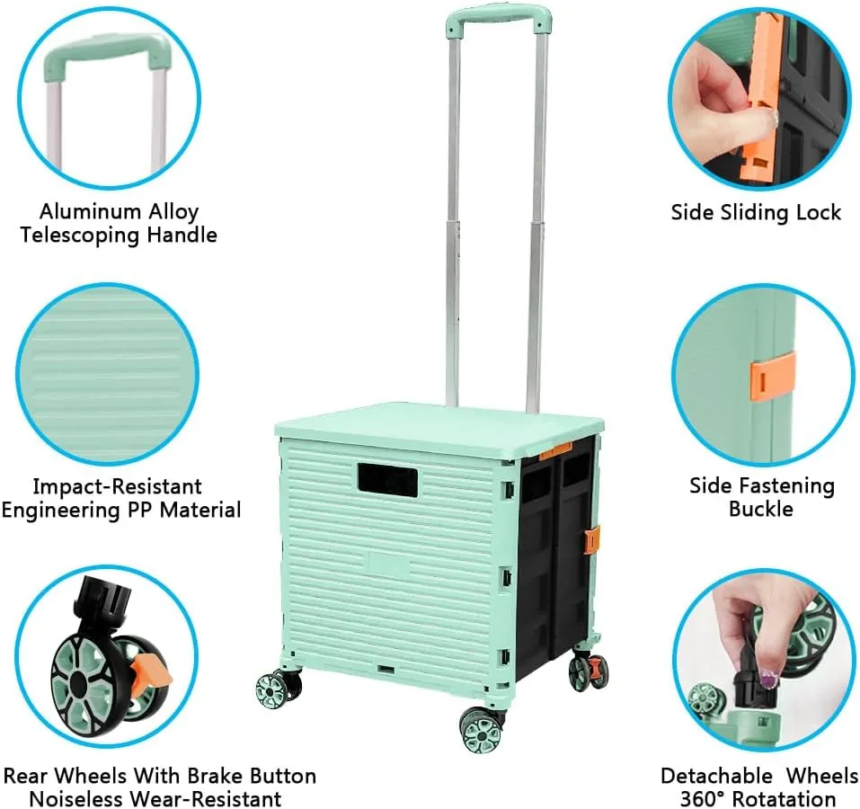 FELICON SELORSS Foldable Utility Cart Folding Portable Rolling Crate Handcart with Durable Heavy Duty Plastic Telescoping Handle Collapsible 4 Rotate Wheels for Travel Shop Move Luggage Office(Green