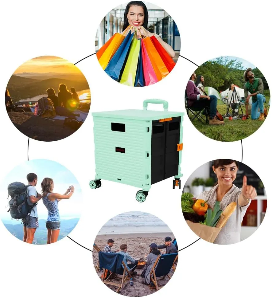 FELICON SELORSS Foldable Utility Cart Folding Portable Rolling Crate Handcart with Durable Heavy Duty Plastic Telescoping Handle Collapsible 4 Rotate Wheels for Travel Shop Move Luggage Office(Green