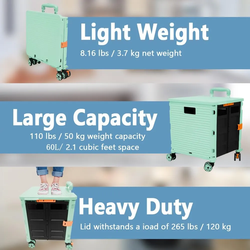FELICON SELORSS Foldable Utility Cart Folding Portable Rolling Crate Handcart with Durable Heavy Duty Plastic Telescoping Handle Collapsible 4 Rotate Wheels for Travel Shop Move Luggage Office(Green