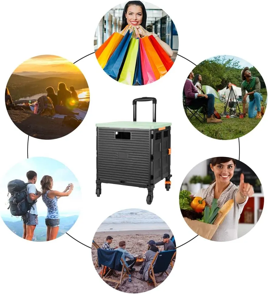 FELICON SELORSS Foldable Utility Cart Folding Portable Rolling Crate Handcart with Heavy Duty Telescoping Handle Collapsible 4 Rotate Wheels for Travel Shopping Move Luggage Office Use(Black Green)