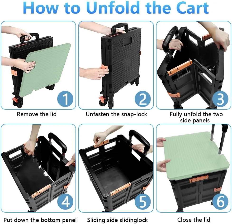 FELICON SELORSS Foldable Utility Cart Folding Portable Rolling Crate Handcart with Heavy Duty Telescoping Handle Collapsible 4 Rotate Wheels for Travel Shopping Move Luggage Office Use(Black Green)