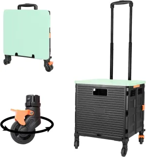 FELICON SELORSS Foldable Utility Cart Folding Portable Rolling Crate Handcart with Heavy Duty Telescoping Handle Collapsible 4 Rotate Wheels for Travel Shopping Move Luggage Office Use(Black Green)