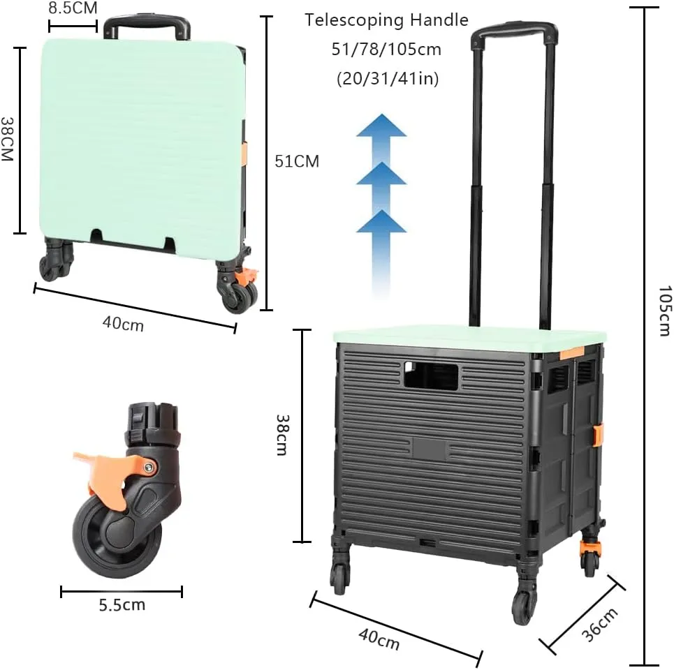 FELICON SELORSS Foldable Utility Cart Folding Portable Rolling Crate Handcart with Heavy Duty Telescoping Handle Collapsible 4 Rotate Wheels for Travel Shopping Move Luggage Office Use(Black Green)