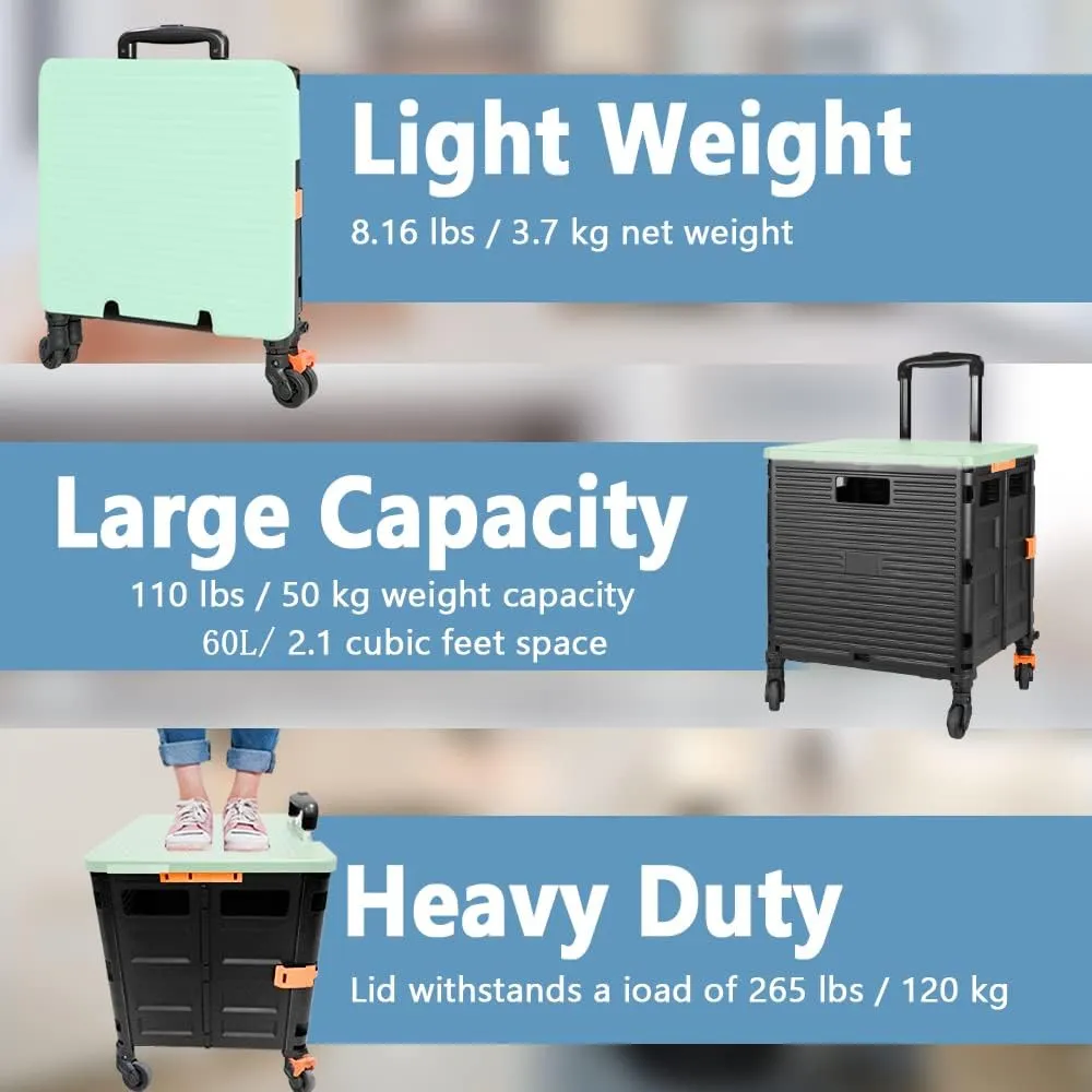 FELICON SELORSS Foldable Utility Cart Folding Portable Rolling Crate Handcart with Heavy Duty Telescoping Handle Collapsible 4 Rotate Wheels for Travel Shopping Move Luggage Office Use(Black Green)