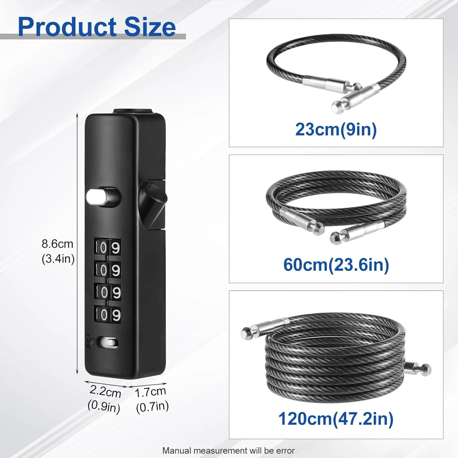 Fence Locks for Outdoor Gates, 4-Digit Small Cable Locks with Combination, Steel Rope Lock with 3 Lengths (9'' / 23.6'' / 47.2'') Bike Bicycle Lock for Gate, Cabinets, Door, Locker (Black, 1 Pack)