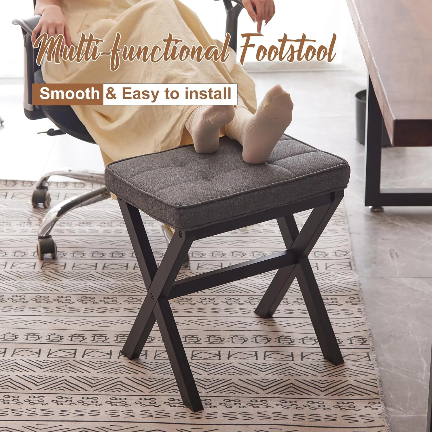FILWH Foot Stool Small Ottoman Foot Rest Padded Foot Stool Desk Foot Stool for Under Office Desk Vanity Stool Bamboo Footstool Sofa Footrest Shoe Stool Small Foot Stools (Black Legs   Gray), HL-QS9GD