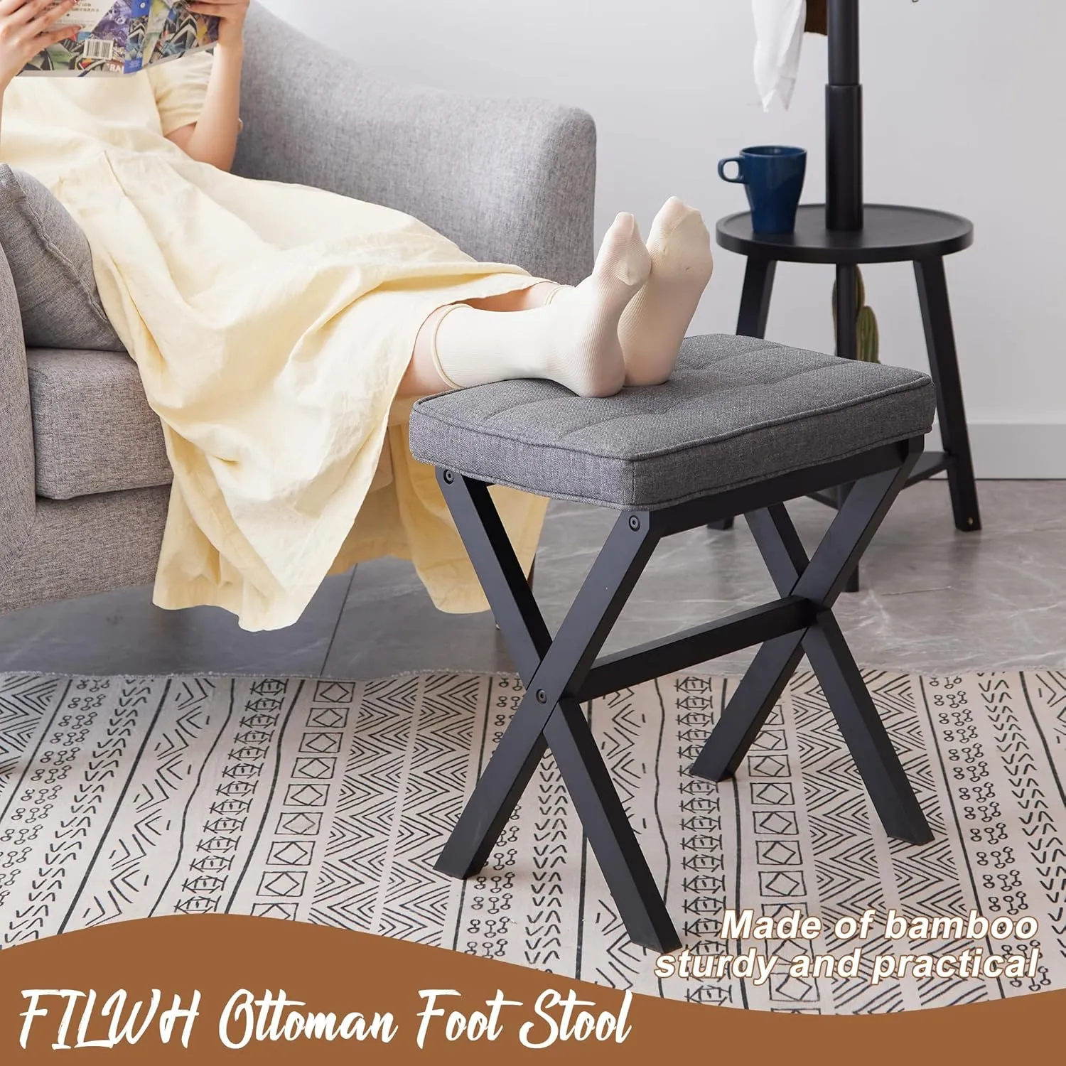 FILWH Foot Stool Small Ottoman Foot Rest Padded Foot Stool Desk Foot Stool for Under Office Desk Vanity Stool Bamboo Footstool Sofa Footrest Shoe Stool Small Foot Stools (Black Legs   Gray), HL-QS9GD