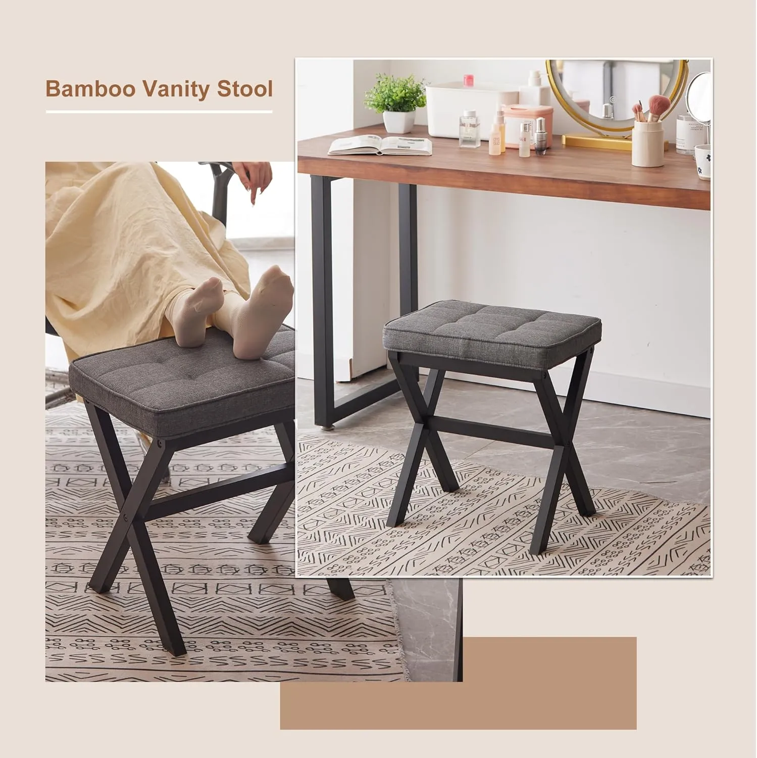 FILWH Foot Stool Small Ottoman Foot Rest Padded Foot Stool Desk Foot Stool for Under Office Desk Vanity Stool Bamboo Footstool Sofa Footrest Shoe Stool Small Foot Stools (Black Legs   Gray), HL-QS9GD