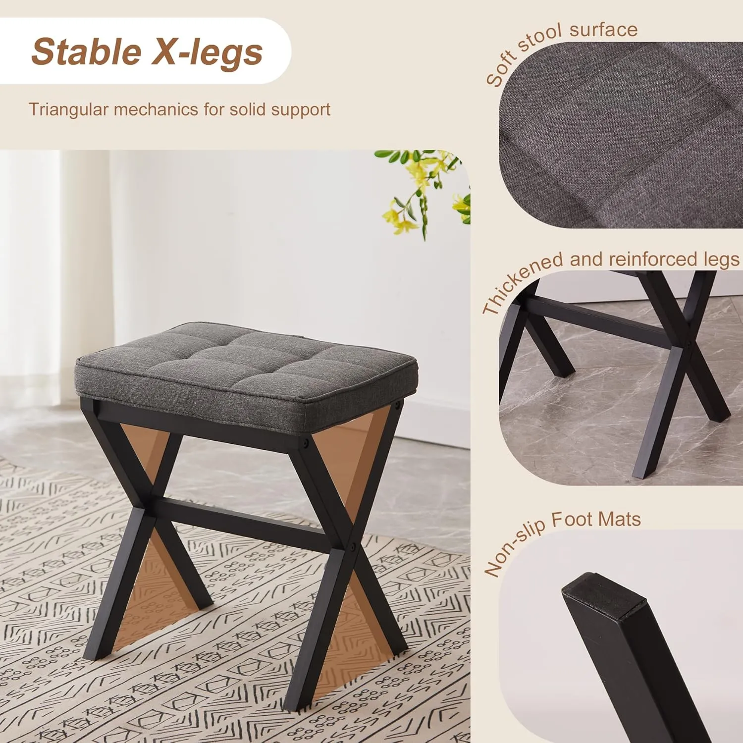 FILWH Foot Stool Small Ottoman Foot Rest Padded Foot Stool Desk Foot Stool for Under Office Desk Vanity Stool Bamboo Footstool Sofa Footrest Shoe Stool Small Foot Stools (Black Legs   Gray), HL-QS9GD