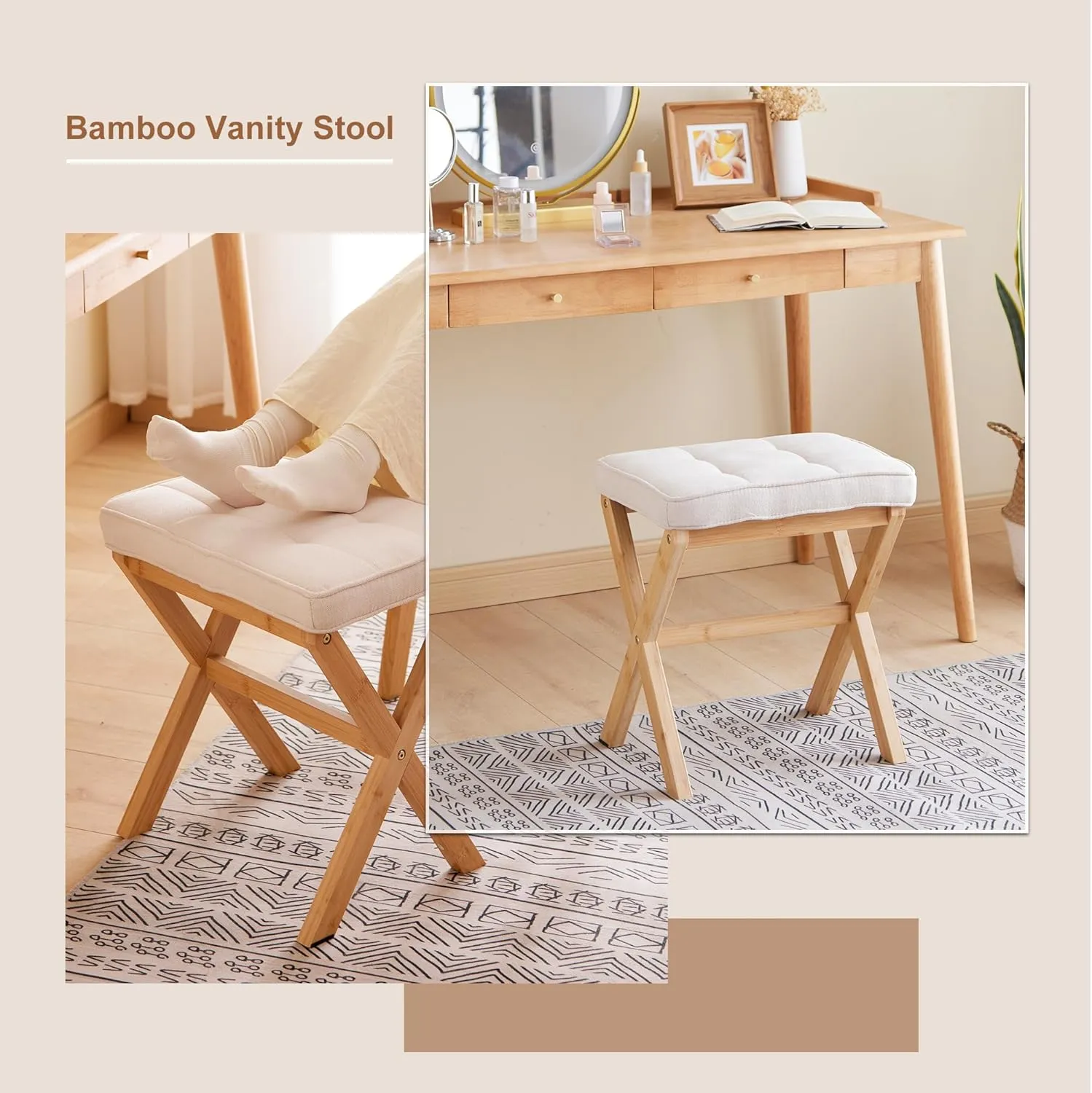 FILWH Foot Stool Small Ottoman Foot Rest Padded Foot Stool Desk Foot Stool for Under Office Desk Vanity Stool Bamboo Footstool Sofa Footrest Shoe Stool Small Foot Stools (Natural Legs   Beige)