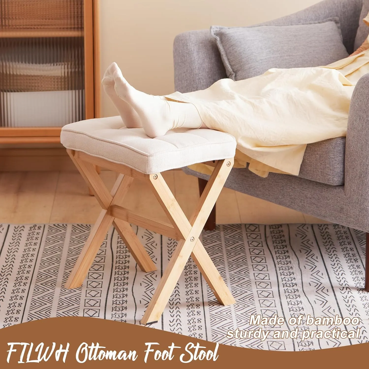 FILWH Foot Stool Small Ottoman Foot Rest Padded Foot Stool Desk Foot Stool for Under Office Desk Vanity Stool Bamboo Footstool Sofa Footrest Shoe Stool Small Foot Stools (Natural Legs   Beige)